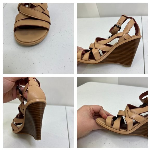 Coach Dawn‎ Wedges 6 B Leather Strappy Beige Heels Sandals Ankle Gladiator Brown - Picture 5 of 9